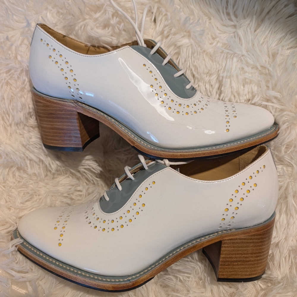 Office Of Angela Scott Elegant White, Teal, and Yellow Women's Oxford Shoes